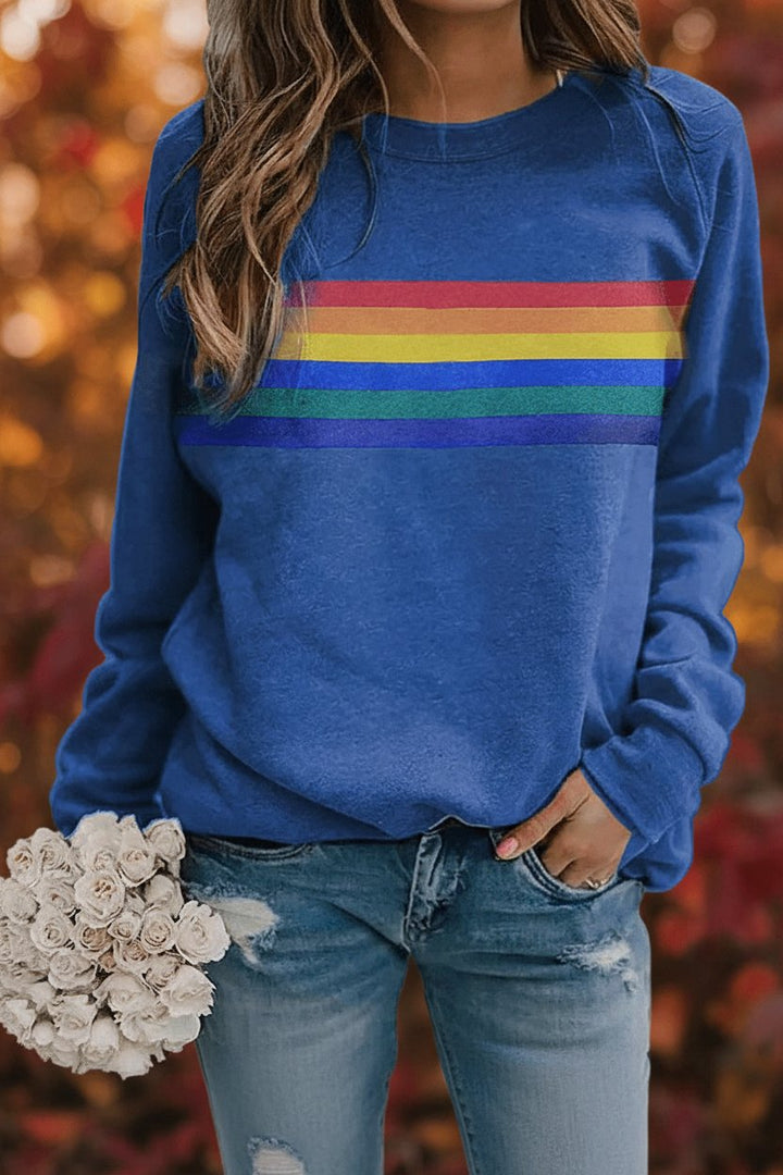 Dame Vintage Regnbuestripet Afslappet Sweatshirt Langærmet - Blue