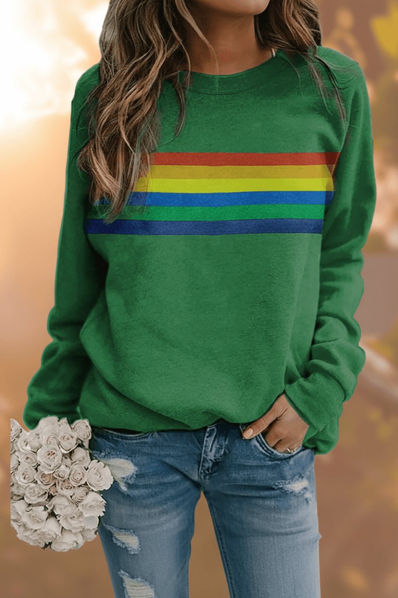 Dame Vintage Regnbuestripet Afslappet Sweatshirt Langærmet