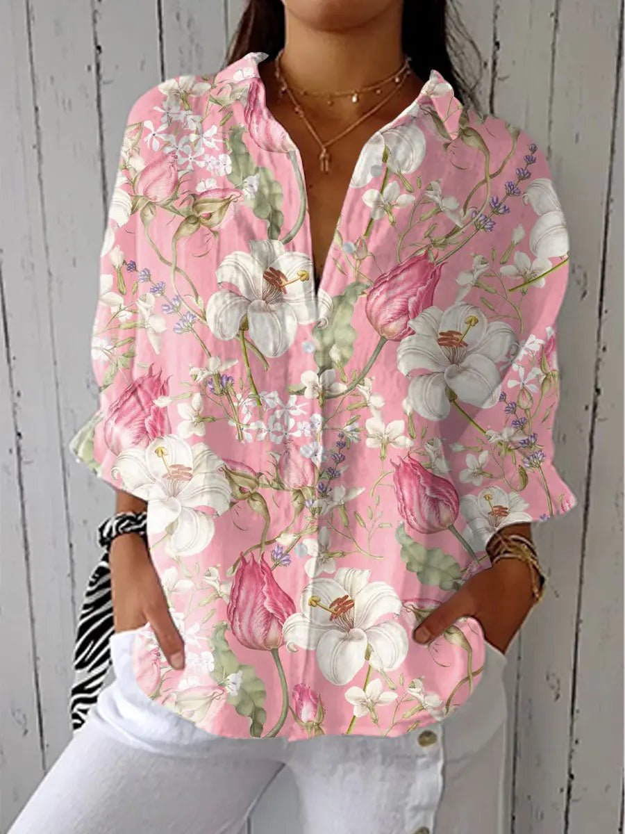 Damebluse Afslappet Pasform Blomsterprint Knaplukning - Multicolor