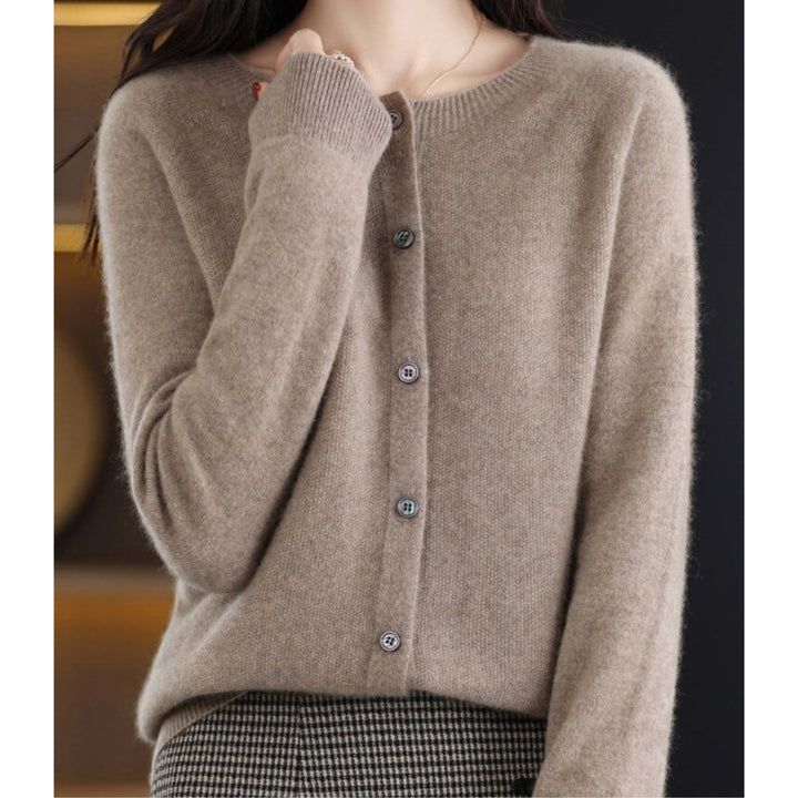 Damecardigan Merino Uld Rundhalset Knaplukning Strik - Brun
