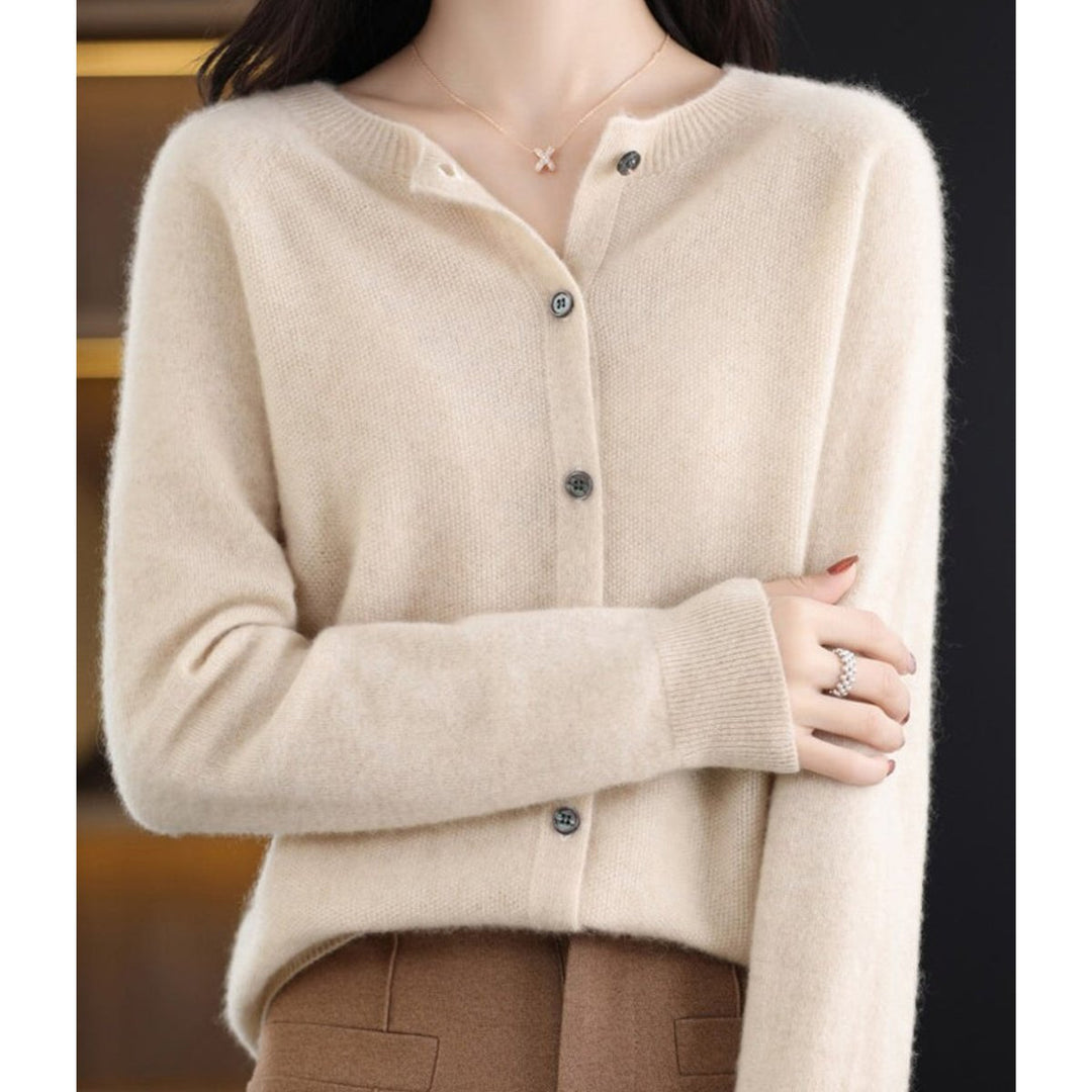 Damecardigan Merino Uld Rundhalset Knaplukning Strik - Khaki