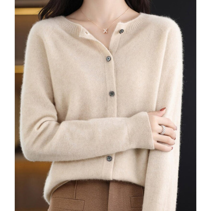 Damecardigan Merino Uld Rundhalset Knaplukning Strik - Khaki