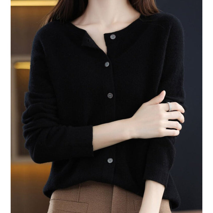 Damecardigan Merino Uld Rundhalset Knaplukning Strik - Sort