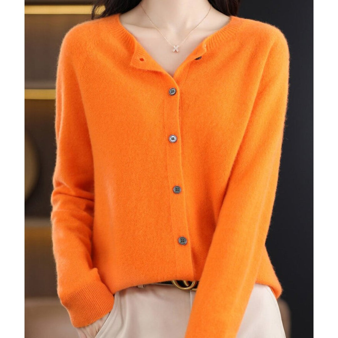 Damecardigan Merino Uld Rundhalset Knaplukning Strik - Orange