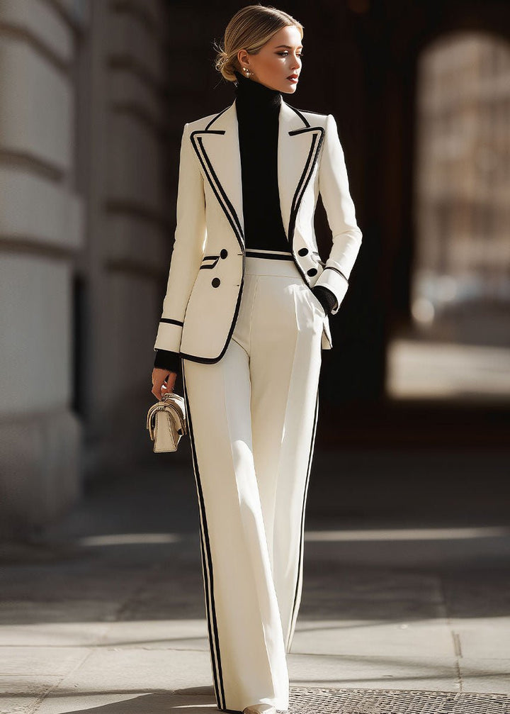 Damedragt Dobbeltradet Blazer Kontrast Syet - White