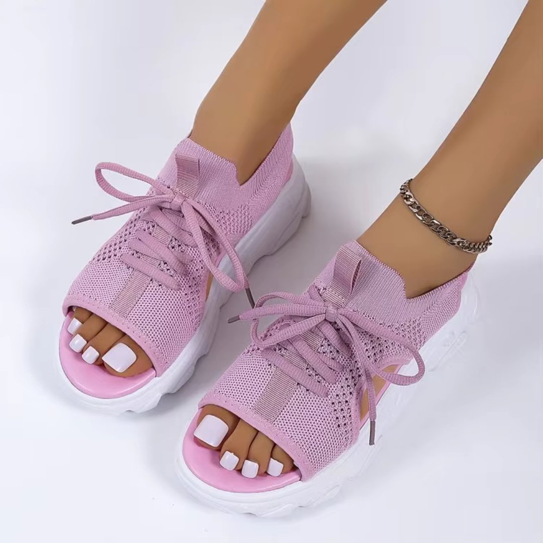 Dameortopædiske knittede platåsandaler med snørebånd - Pink