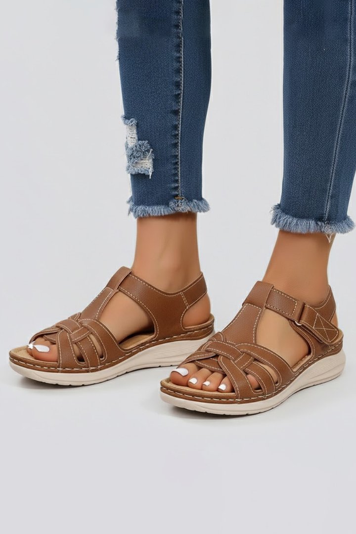 Damer Åben Tå Flettet Rem Sandaler med Velcrolukning
