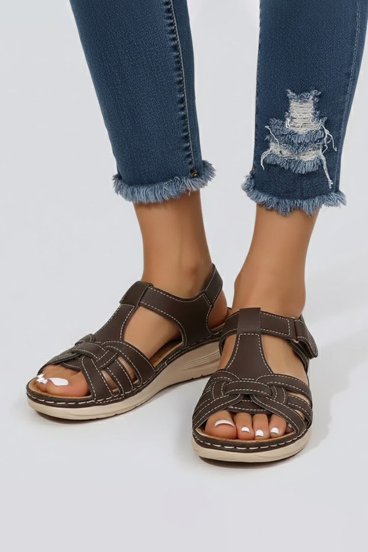 Damer Åben Tå Flettet Rem Sandaler med Velcrolukning - Dark Brown