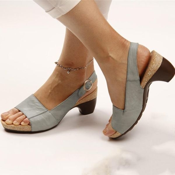Damer Blokhæl Slingback Sandaler Åben Tå Spænderem - Gray
