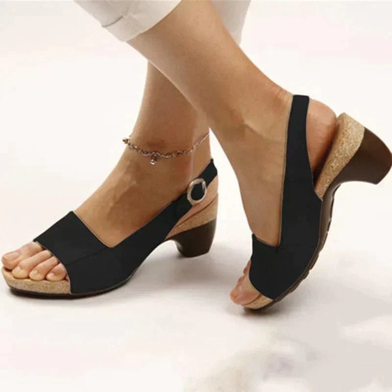 Damer Blokhæl Slingback Sandaler Åben Tå Spænderem - Black