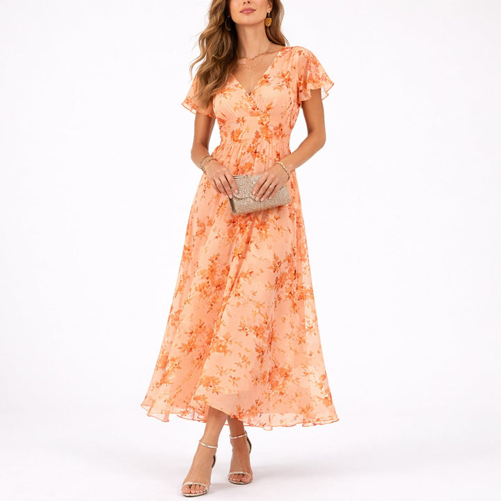 Damer Blomstret Chiffon Maxi Kjole til Efterårsbrudegæster V-hals - Orange