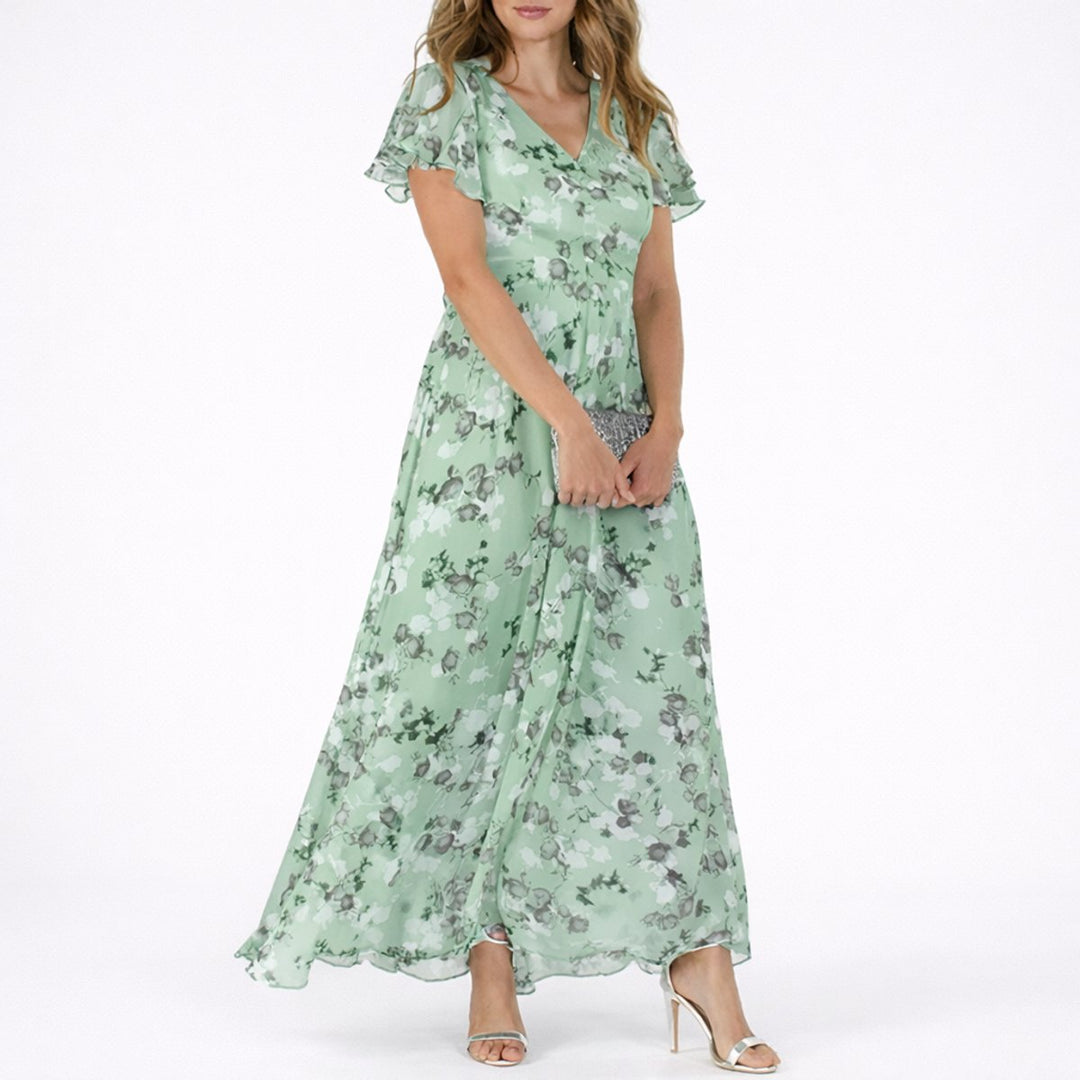 Damer Blomstret Chiffon Maxi Kjole til Efterårsbrudegæster V-hals - Grøn