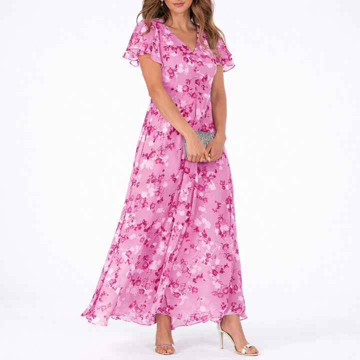 Damer Blomstret Chiffon Maxi Kjole til Efterårsbrudegæster V-hals - Lyserød