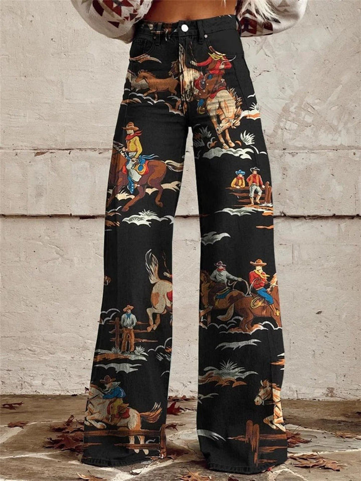 Damer High-Waist Cowboy Print Wide-Leg Denim Bukser - Black
