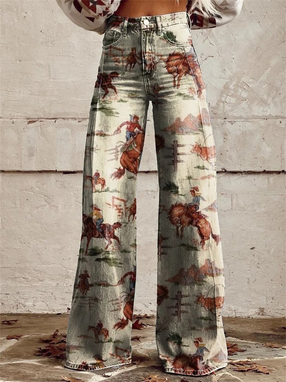 Damer High-Waist Cowboy Print Wide-Leg Denim Bukser - Beige