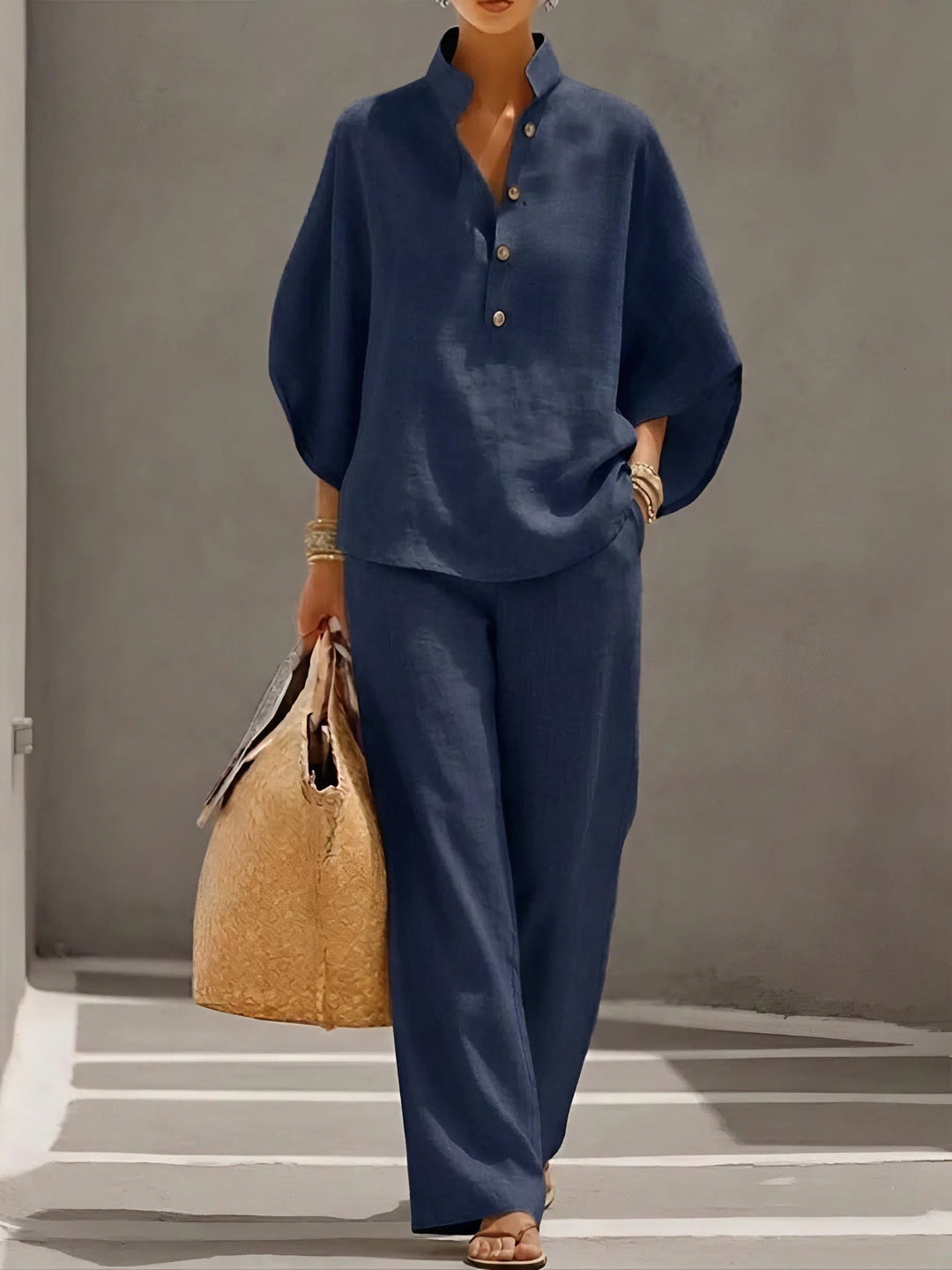 Damer Mandarin Krave Kimono Ærme Hør Sæt - Navy