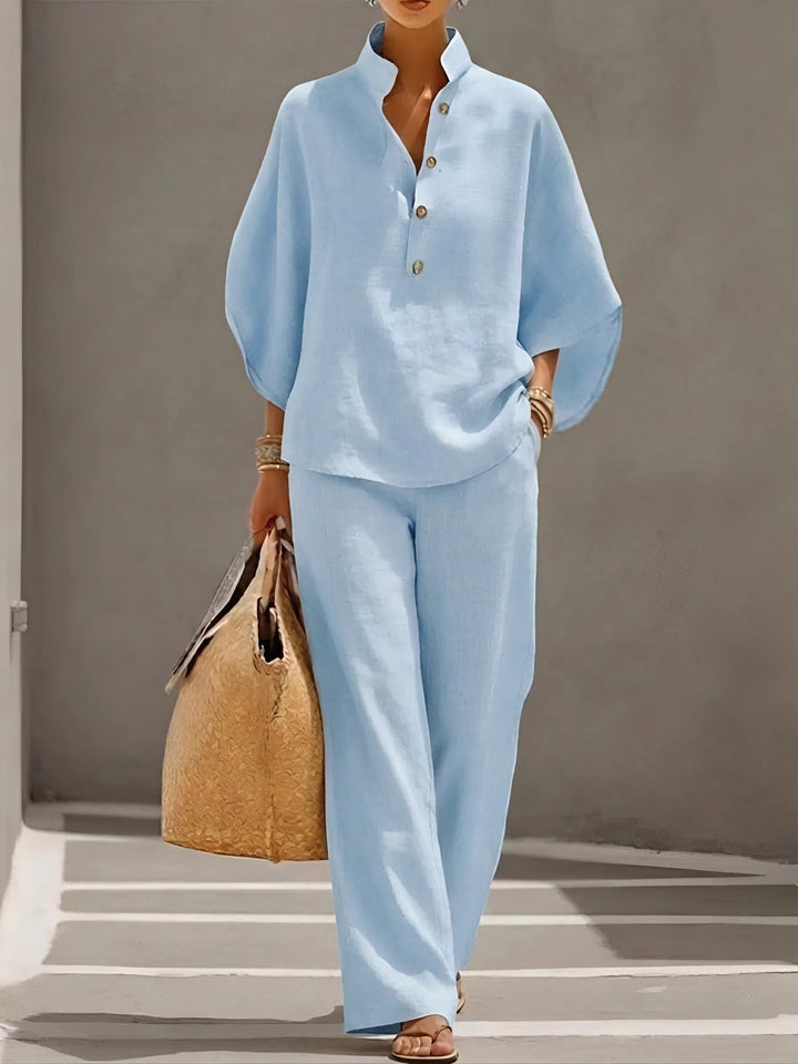 Damer Mandarin Krave Kimono Ærme Hør Sæt - Light BLue