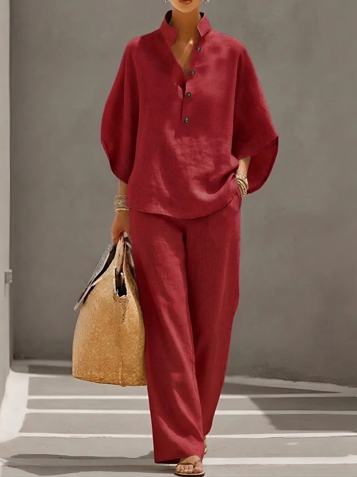 Damer Mandarin Krave Kimono Ærme Hør Sæt - Red