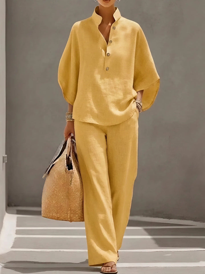Damer Mandarin Krave Kimono Ærme Hør Sæt - Yellow