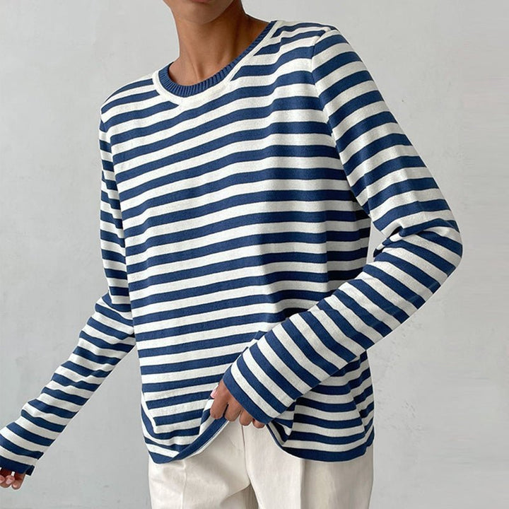 Damer Stribet Langærmet T-Shirt med Rund Hals - Blue