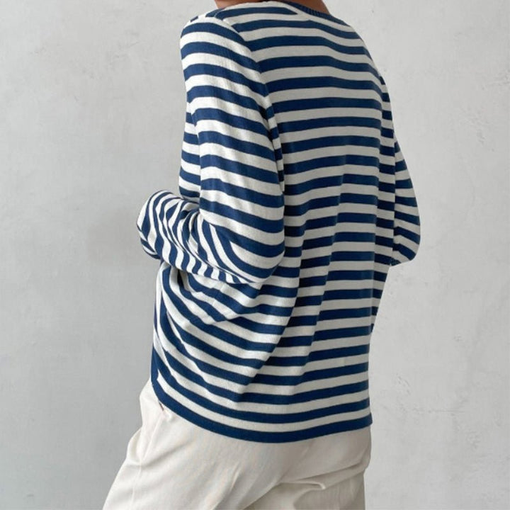 Damer Stribet Langærmet T-Shirt med Rund Hals