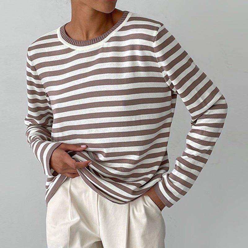 Damer Stribet Langærmet T-Shirt med Rund Hals - Brown