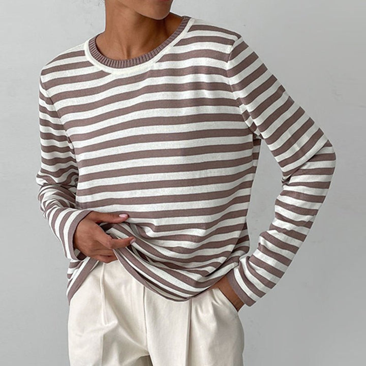 Damer Stribet Langærmet T-Shirt med Rund Hals - Brown