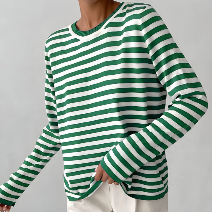 Damer Stribet Langærmet T-Shirt med Rund Hals - Green