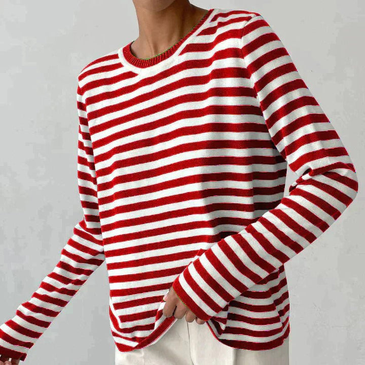 Damer Stribet Langærmet T-Shirt med Rund Hals - Red