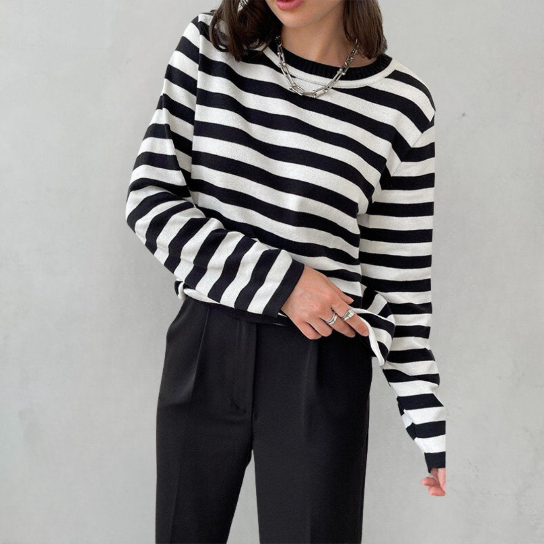 Damer Stribet Langærmet T-Shirt med Rund Hals - Black