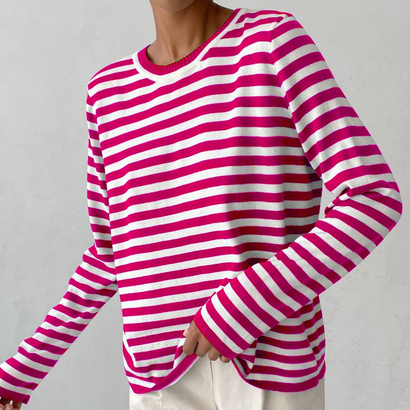 Damer Stribet Langærmet T-Shirt med Rund Hals - Pink