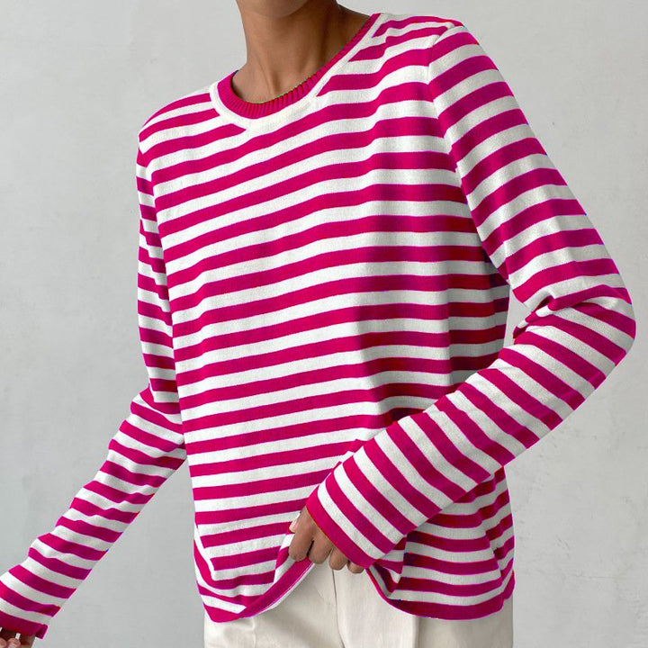 Damer Stribet Langærmet T-Shirt med Rund Hals - Pink