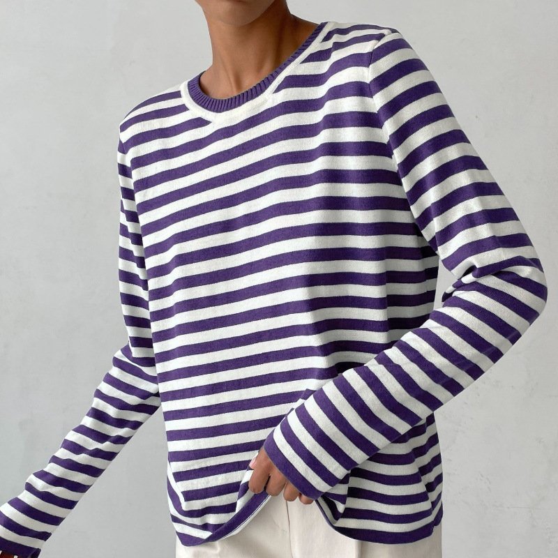 Damer Stribet Langærmet T-Shirt med Rund Hals - Purple