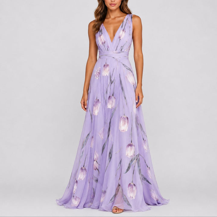 Damernes Blomstrede Chiffon Maxi Kjole til Bryllupper og Festlige Lejligheder - Lilla