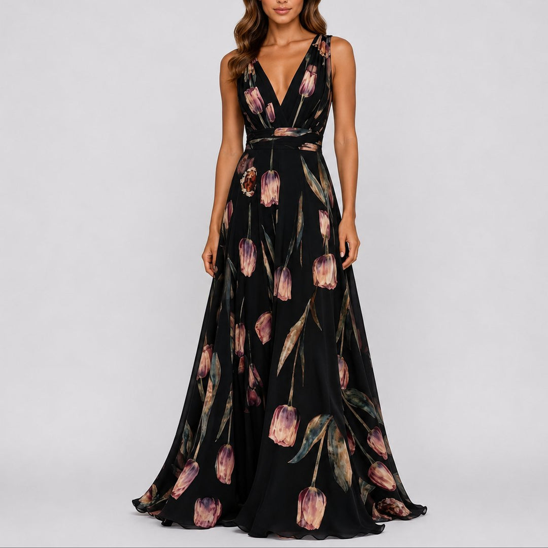 Damernes Blomstrede Chiffon Maxi Kjole til Bryllupper og Festlige Lejligheder - Sort