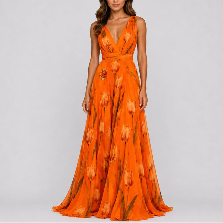 Damernes Blomstrede Chiffon Maxi Kjole til Bryllupper og Festlige Lejligheder - Orange