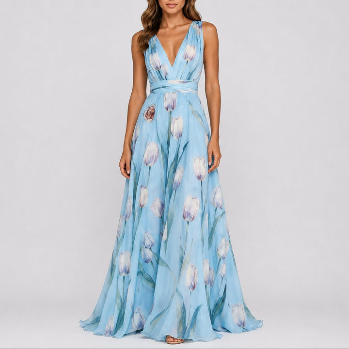 Damernes Blomstrede Chiffon Maxi Kjole til Bryllupper og Festlige Lejligheder - Lyseblå