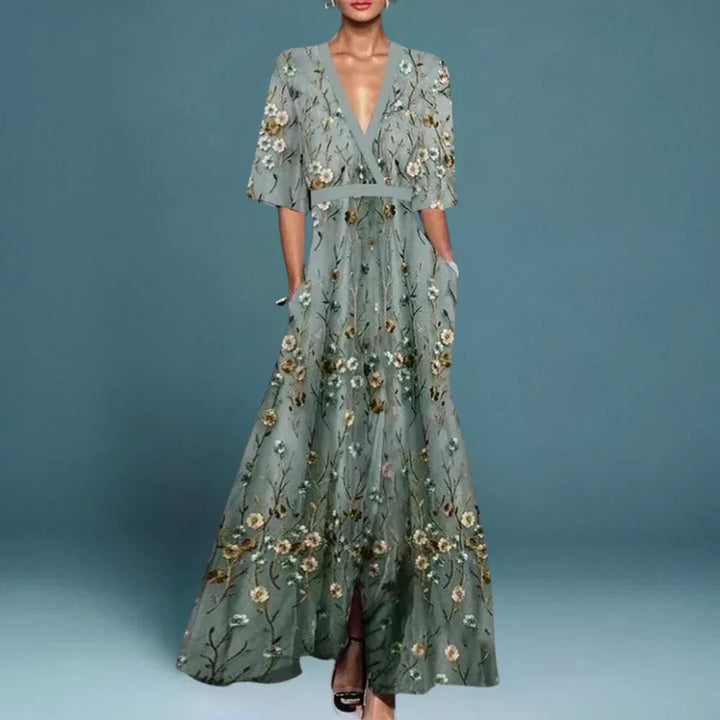 Damernes Blomstrede Maxi Formal Dress med V-udskæring - Blå