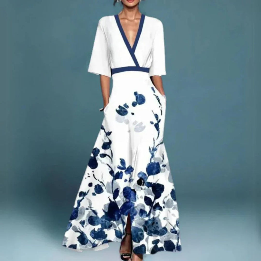 Damernes Blomstrede Maxi Formal Dress med V-udskæring - Hvid