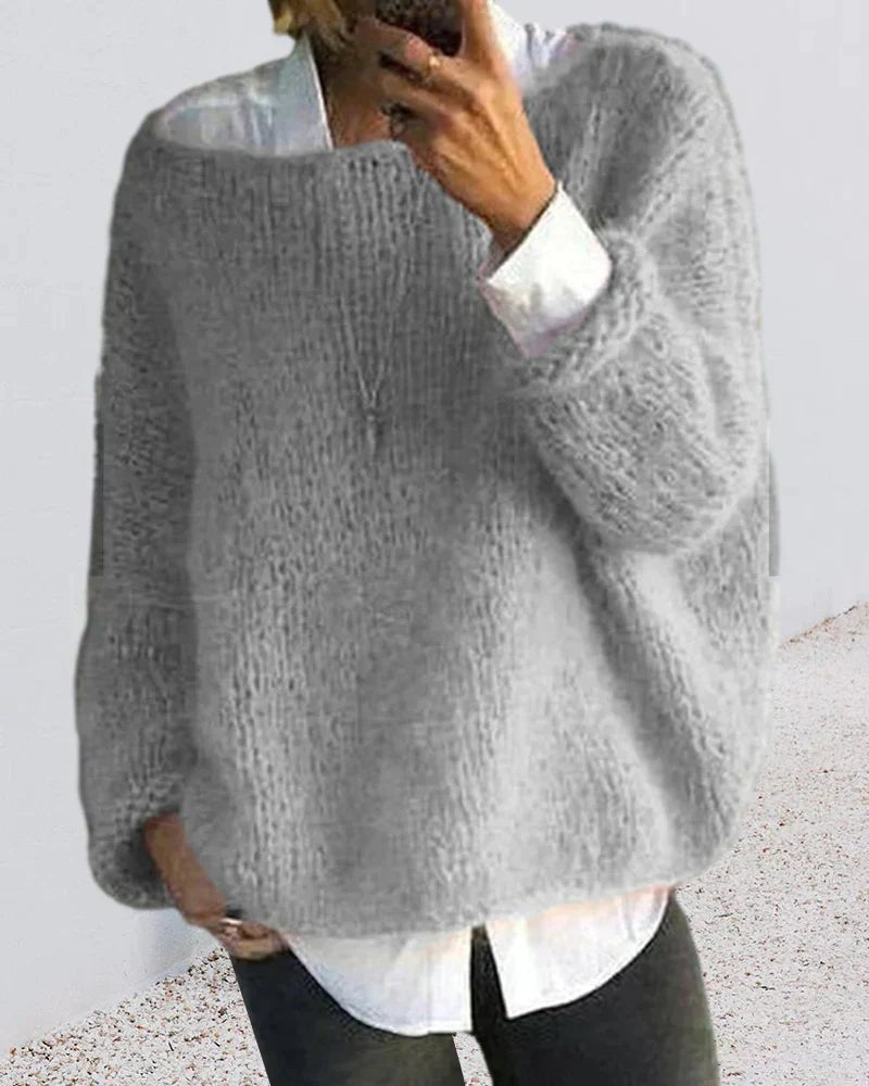 Damernes Fluffy Strikket Oversized Rund-Hals Sweater - Gray