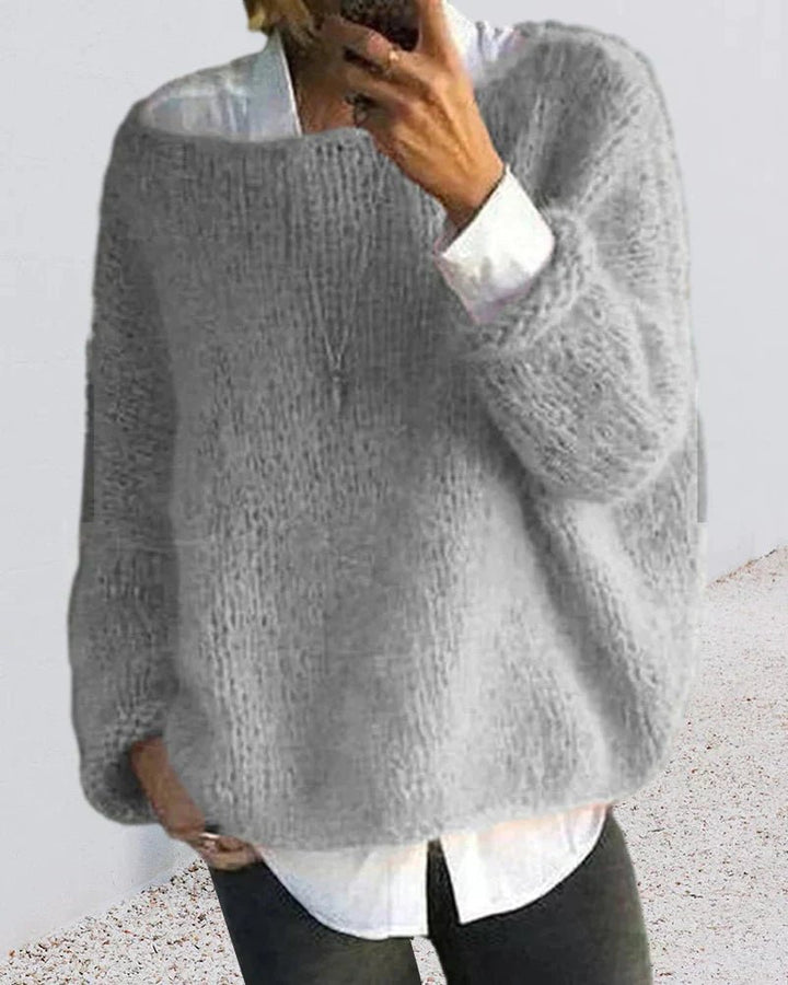 Damernes Fluffy Strikket Oversized Rund-Hals Sweater - Gray