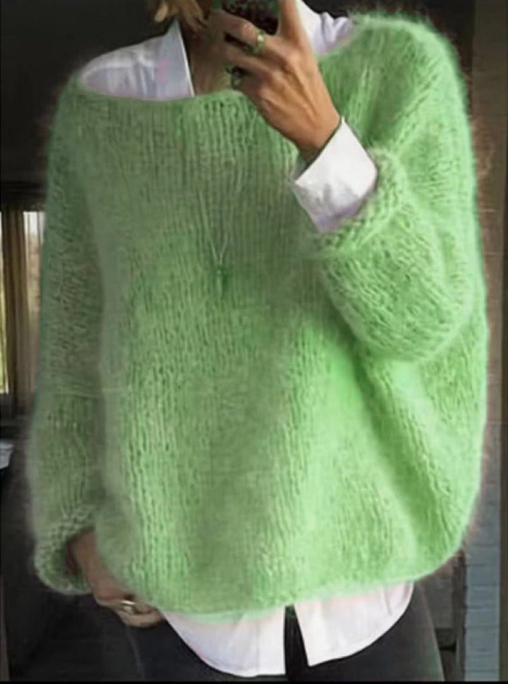 Damernes Fluffy Strikket Oversized Rund-Hals Sweater - Green