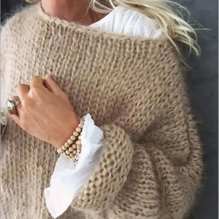 Damernes Fluffy Strikket Oversized Rund-Hals Sweater - Khaki