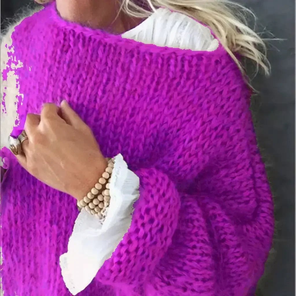 Damernes Fluffy Strikket Oversized Rund-Hals Sweater - Purple