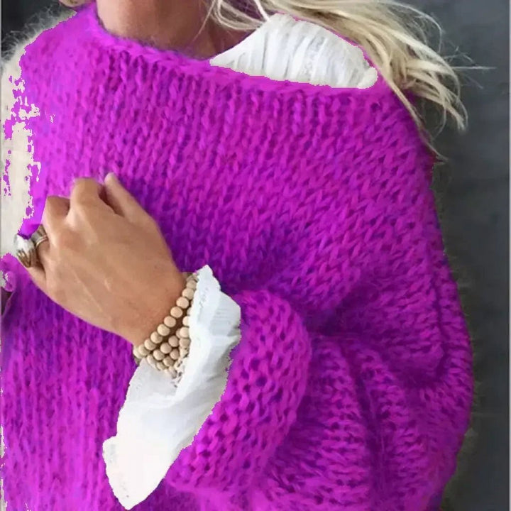 Damernes Fluffy Strikket Oversized Rund-Hals Sweater - Purple