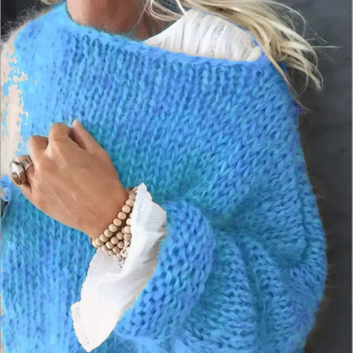Damernes Fluffy Strikket Oversized Rund-Hals Sweater - Blue