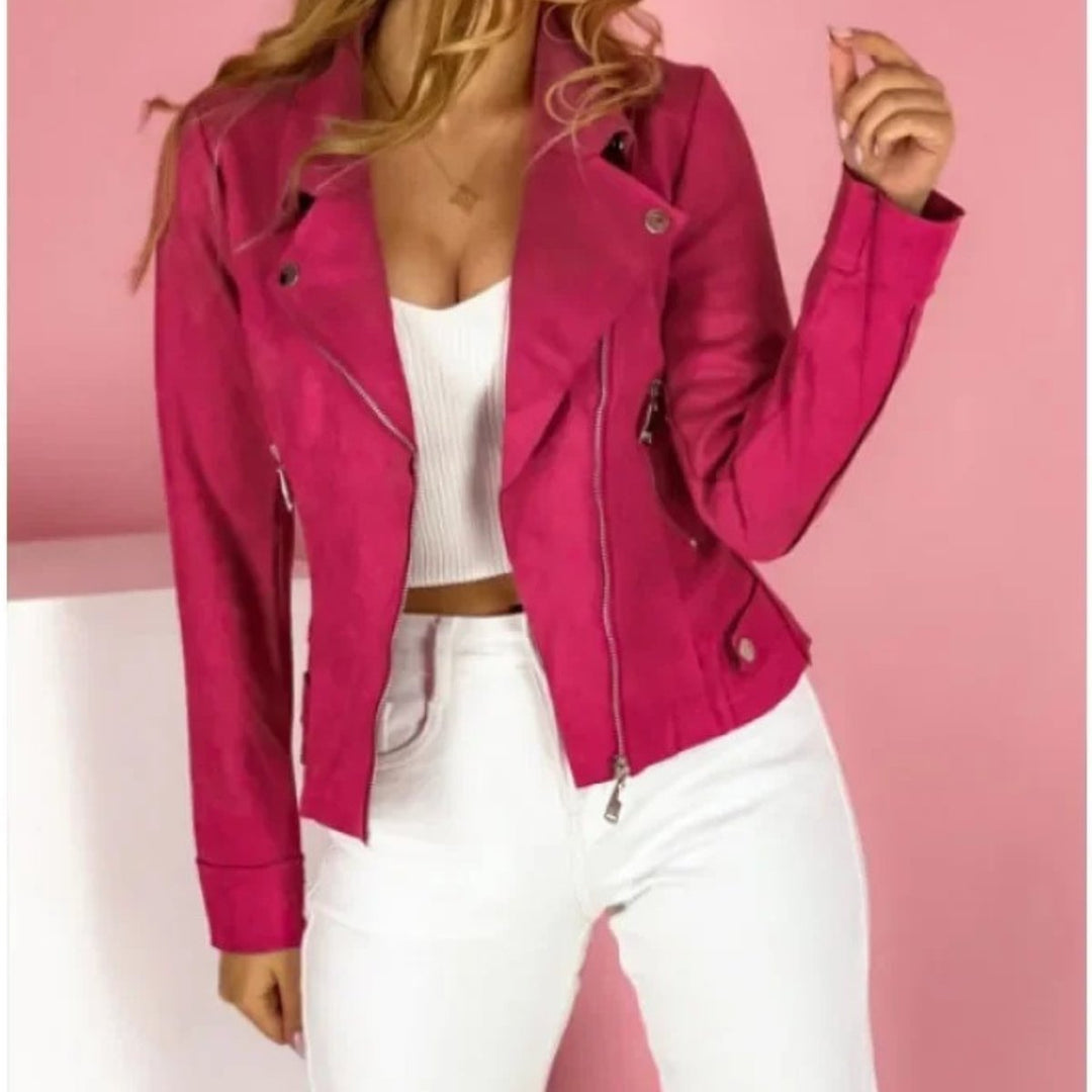 Damernes Foldekrave PU Faux Leather Jacket Lynlås