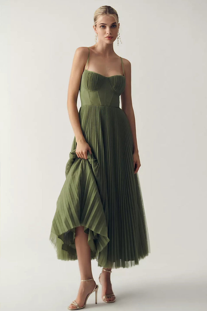 Damernes Plisseret Korset Midi Slip-kjole - Green