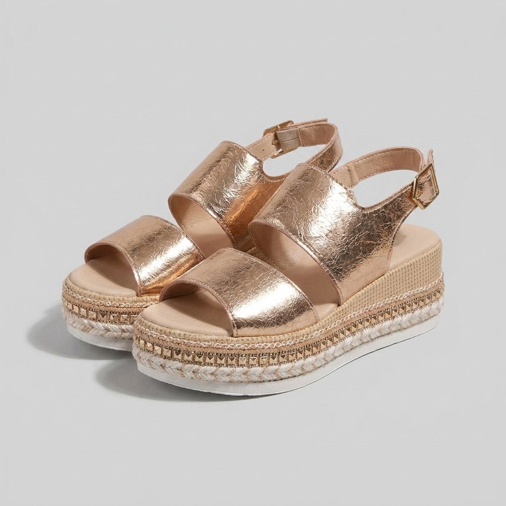Damers Åben-Tå Espadrille Platform Sandaler Metalskinds Spænde - GOLD