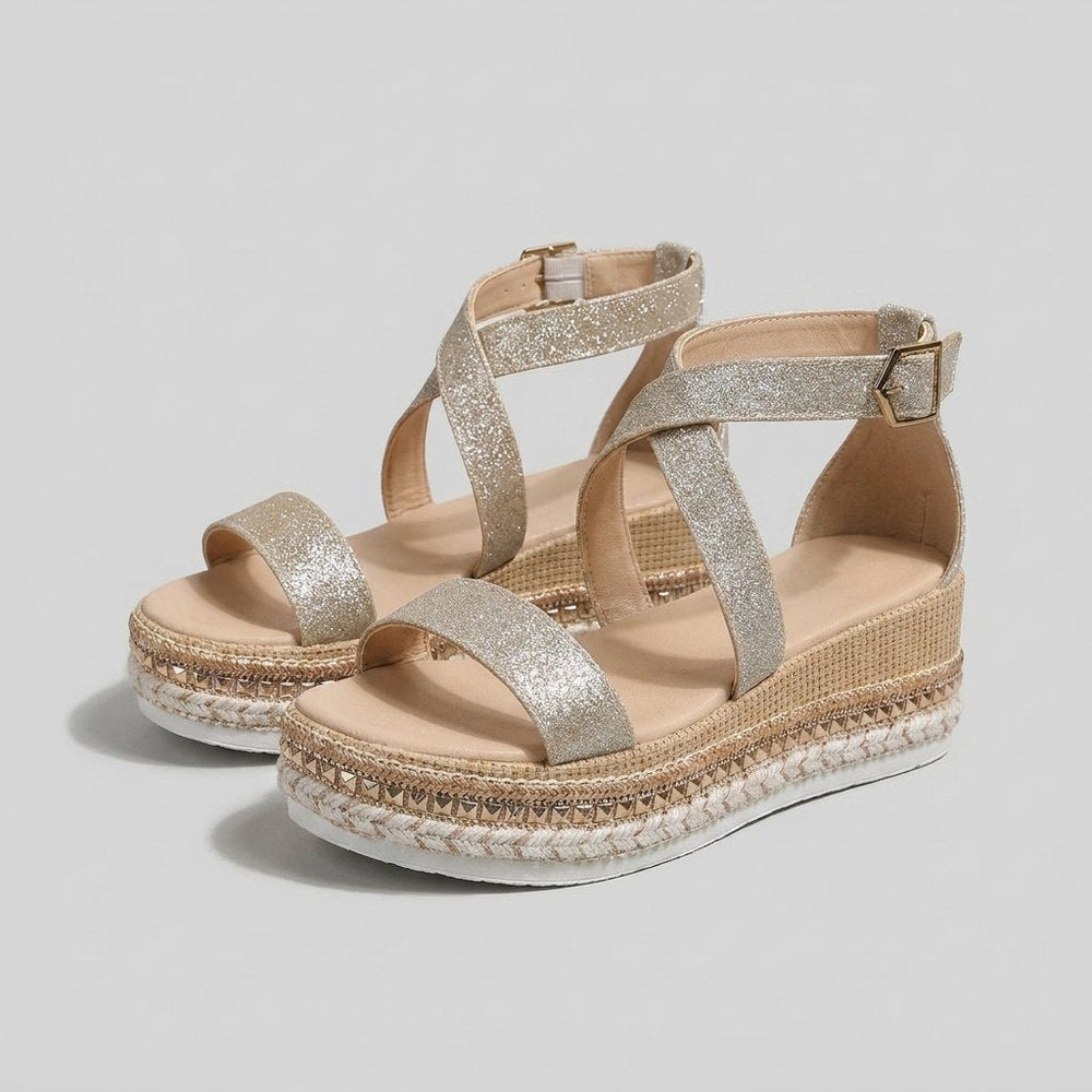Damers Åben-Tå Espadrille Platform Sandaler Metalskinds Spænde - Silver